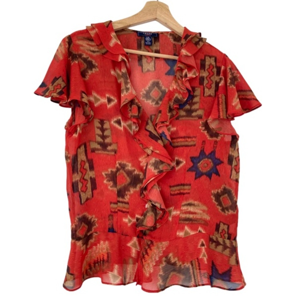 CHAPS DENIM VINTAGE STYLE ORANGE/BROWN SHORT SLEEVE TOP/BLOUSE W/FRONT RUFFLE, L